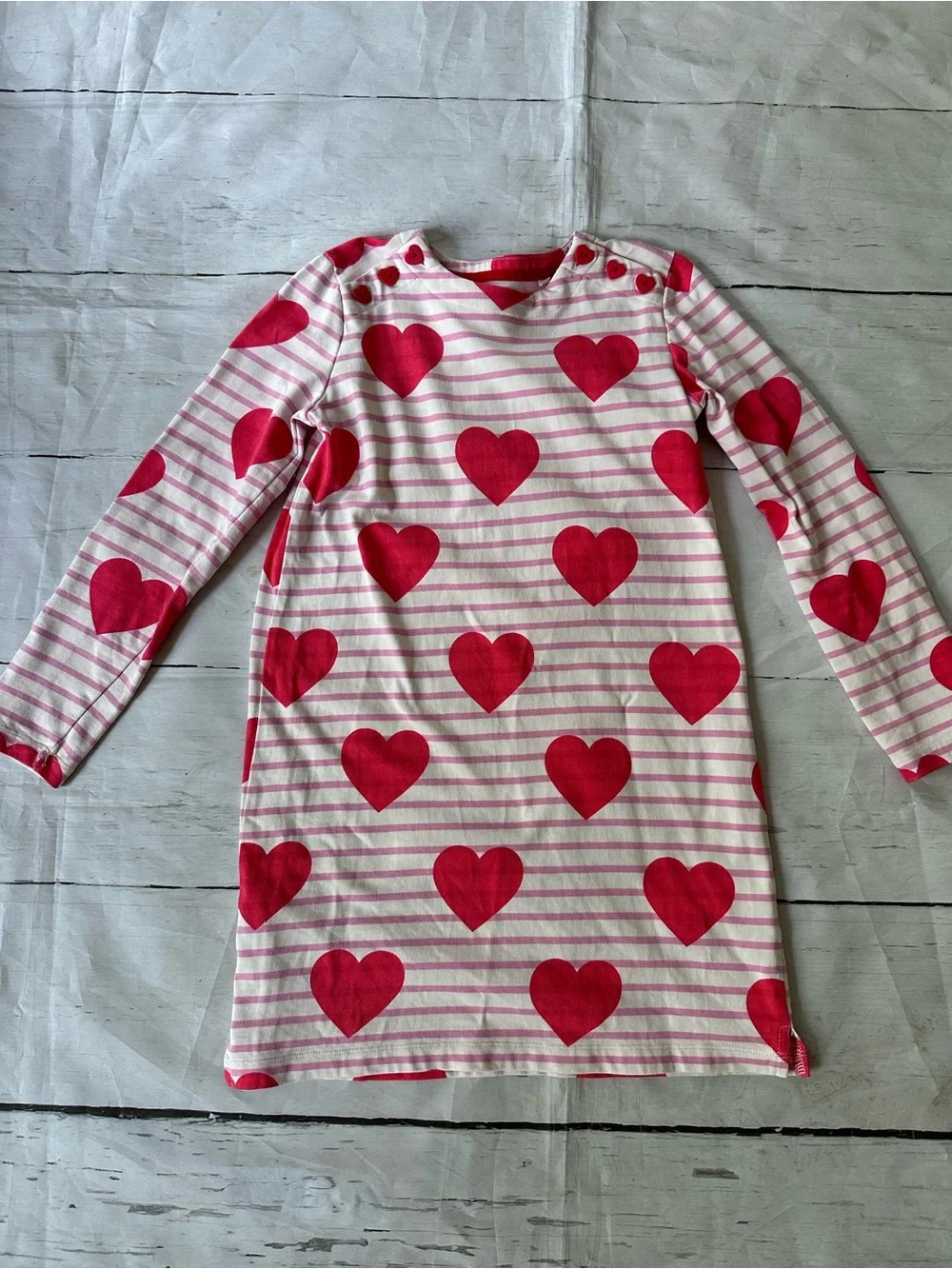 Mini Boden Pink and Red Heart Stripe Long Sleeve Dress size 7-8